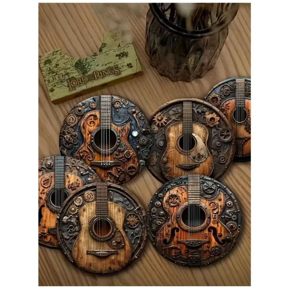 NWT Steampunk Guitar Wooden Coasters Set of 6 Vintage Music Rock Room Décor
